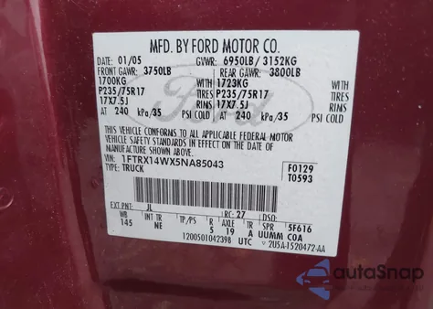 2005 Ford F-150 Stx/Xl/Xlt из США, поврежденный, VIN 1FTRX14WX5NA85043